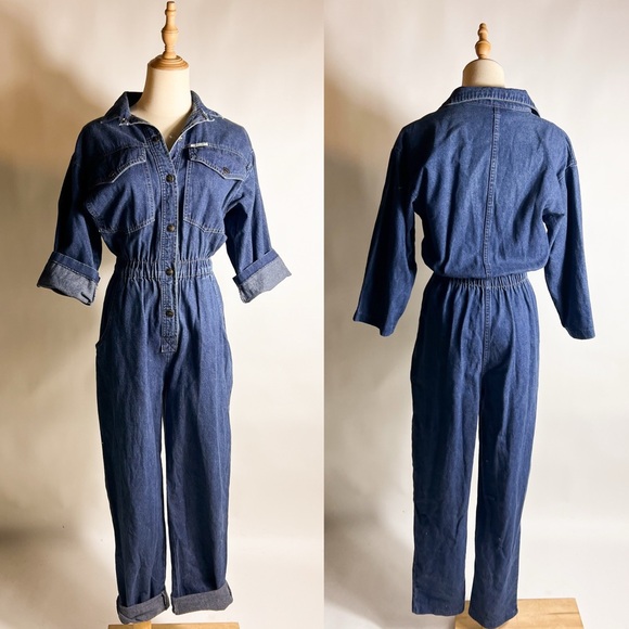 VINTAGE 1980s Dream Denim 3/4 Sleeve Jumpsuit Small